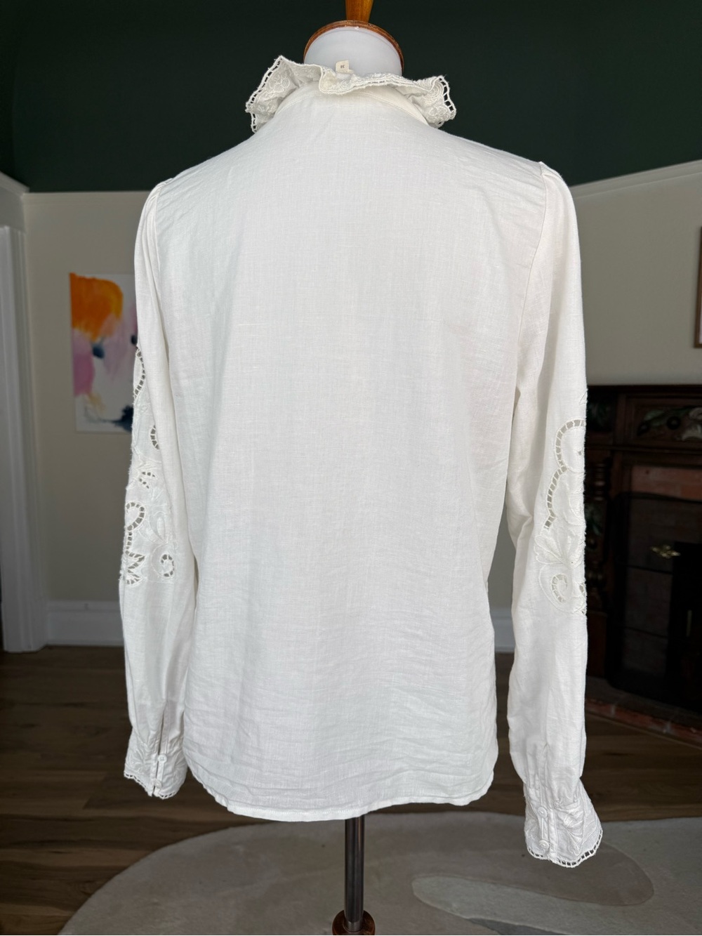 Sézane Lilia Blouse White Linen Cotton Embroidered Lace Ruffle Collar FR38 US6 - Picture 3 of 11